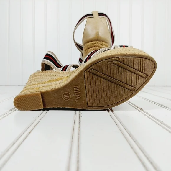 MIA Rope Heels Tan Black White Red Striped Ankle Strap Wedge Sandals C4 - Picture 10 of 11